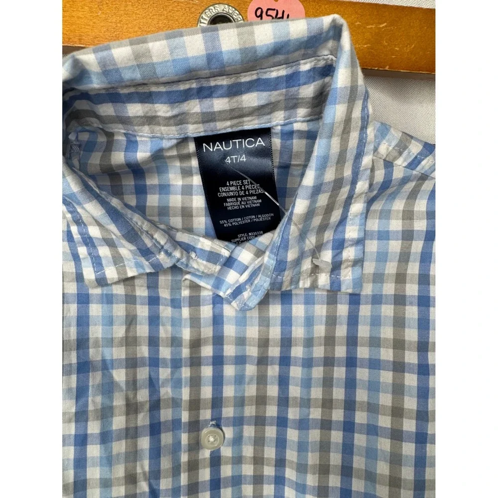 Nautica Boys Blue Grey White Plaid Long Sleeve Button Down Shirt Size 4T N335338
